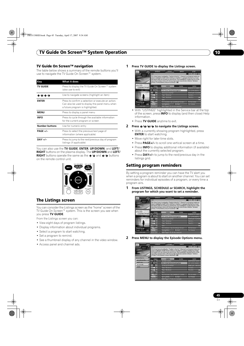 The listings screen setting program reminders, Tv guide on screen™ system operation 10, The listings screen | Setting program reminders | Pioneer PRO-950HD User Manual | Page 45 / 120