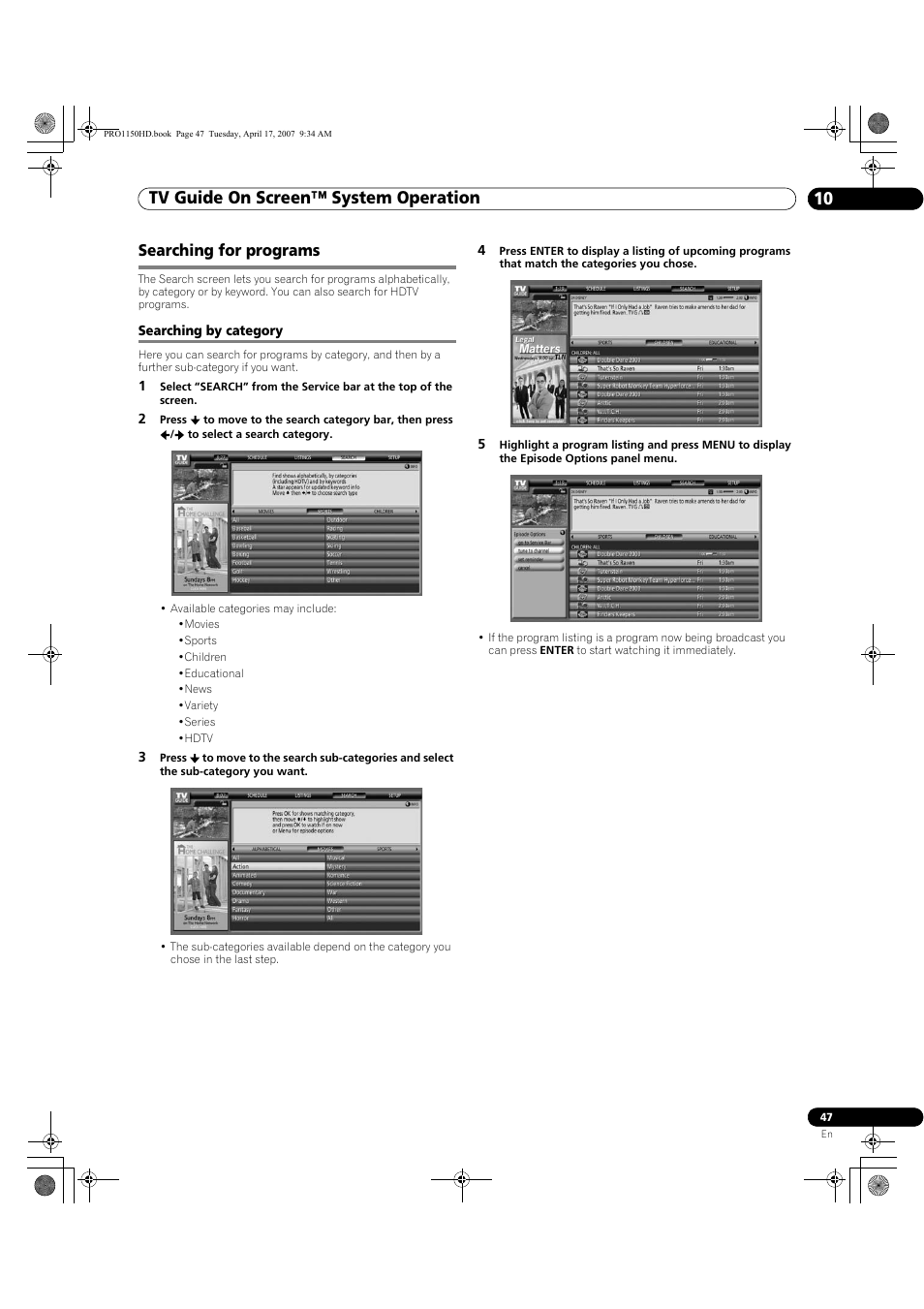 Searching for programs, Searching by category, Tv guide on screen™ system operation 10 | Pioneer PRO-950HD User Manual | Page 47 / 120