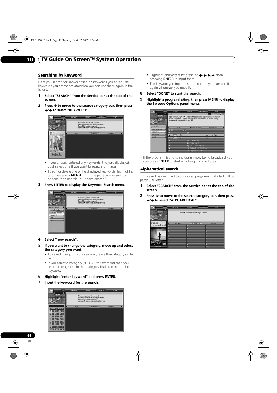 Searching by keyword alphabetical search, Tv guide on screen™ system operation 10 | Pioneer PRO-950HD User Manual | Page 48 / 120