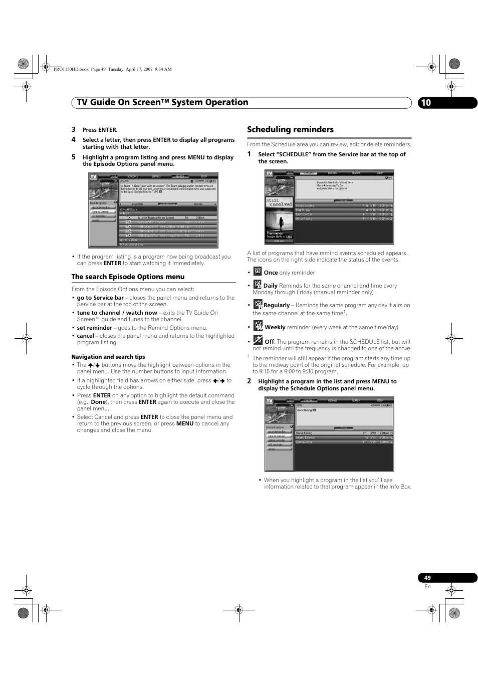 The search episode options menu, Scheduling reminders, Tv guide on screen™ system operation 10 | Pioneer PRO-950HD User Manual | Page 49 / 120