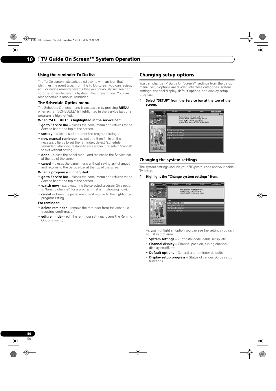 Using the reminder to do list, Changing setup options, Changing the system settings | Tv guide on screen™ system operation 10 | Pioneer PRO-950HD User Manual | Page 50 / 120