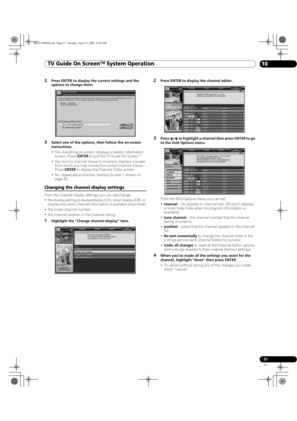 Changing the channel display settings, Tv guide on screen™ system operation 10 | Pioneer PRO-950HD User Manual | Page 51 / 120