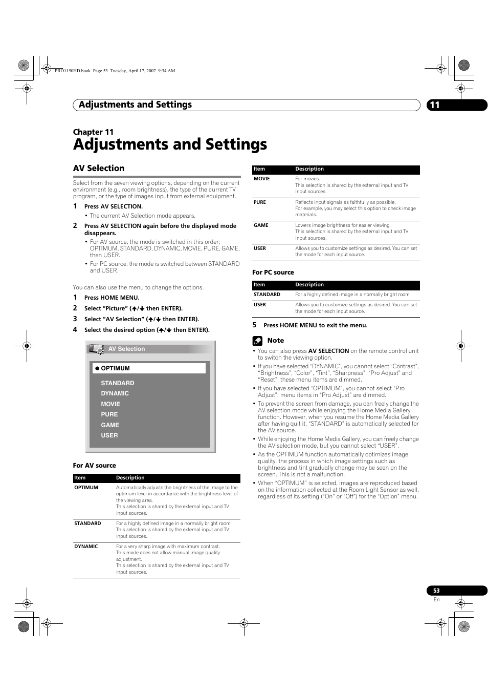 11 adjustments and settings, Av selection, Adjustments and settings | Adjustments and settings 11, Chapter 11 | Pioneer PRO-950HD User Manual | Page 53 / 120