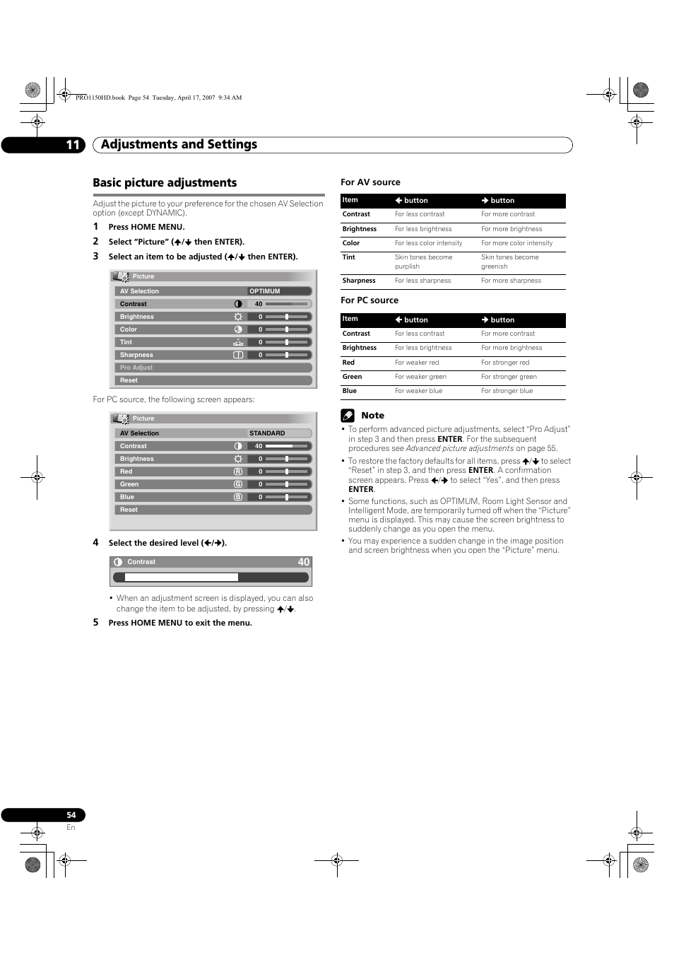 Basic picture adjustments, Adjustments and settings 11 | Pioneer PRO-950HD User Manual | Page 54 / 120