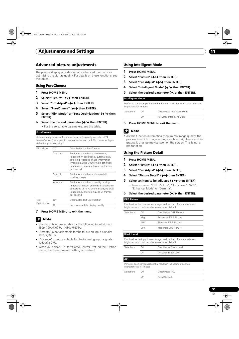 Advanced picture adjustments, Adjustments and settings 11 | Pioneer PRO-950HD User Manual | Page 55 / 120