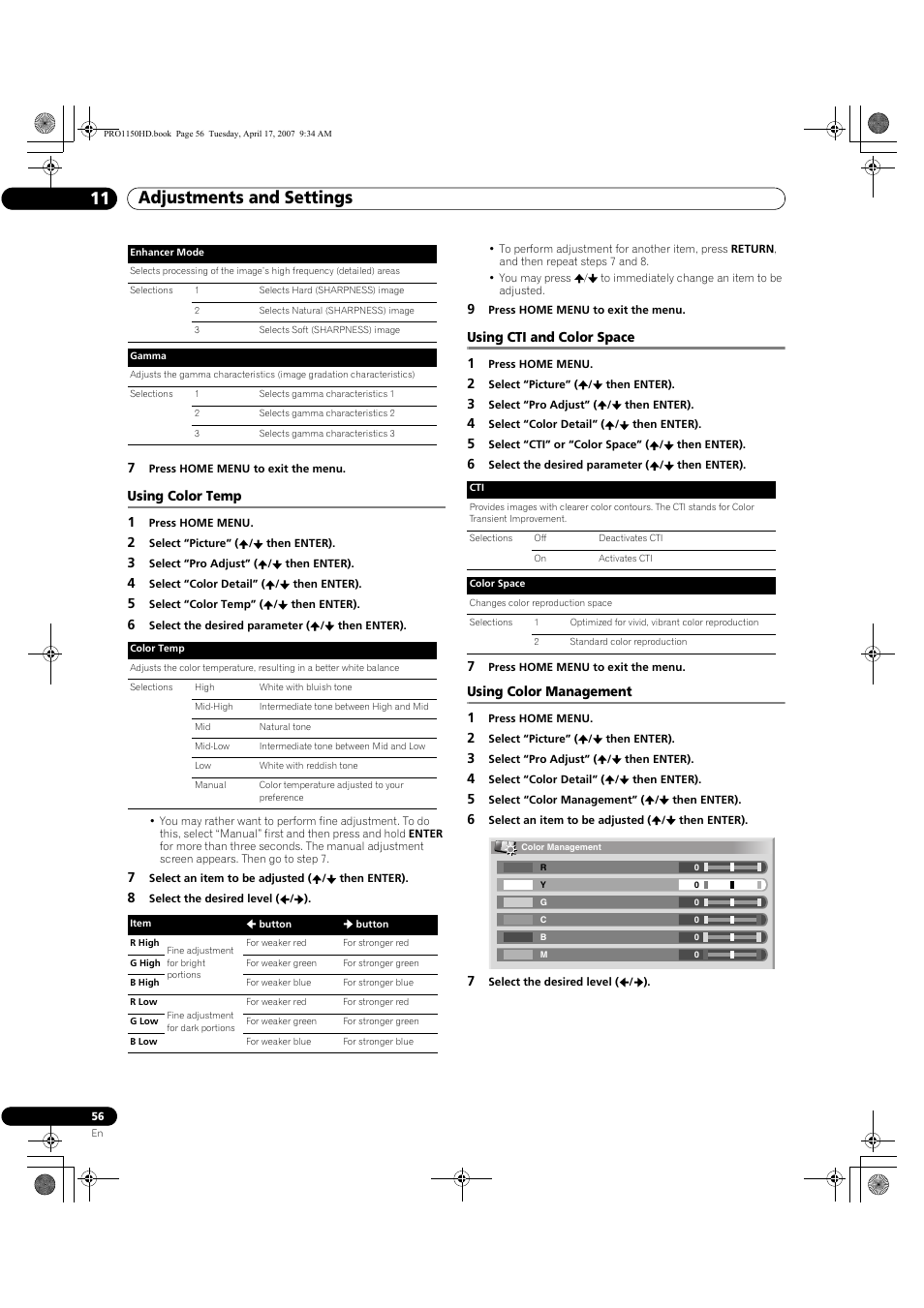 Adjustments and settings 11 | Pioneer PRO-950HD User Manual | Page 56 / 120