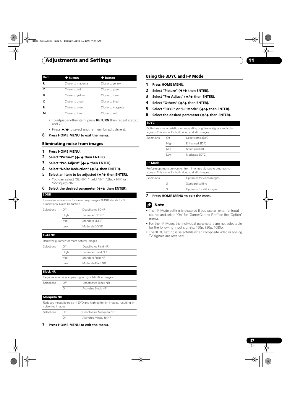 Adjustments and settings 11, Eliminating noise from images 1, Using the 3dyc and i-p mode 1 | Pioneer PRO-950HD User Manual | Page 57 / 120