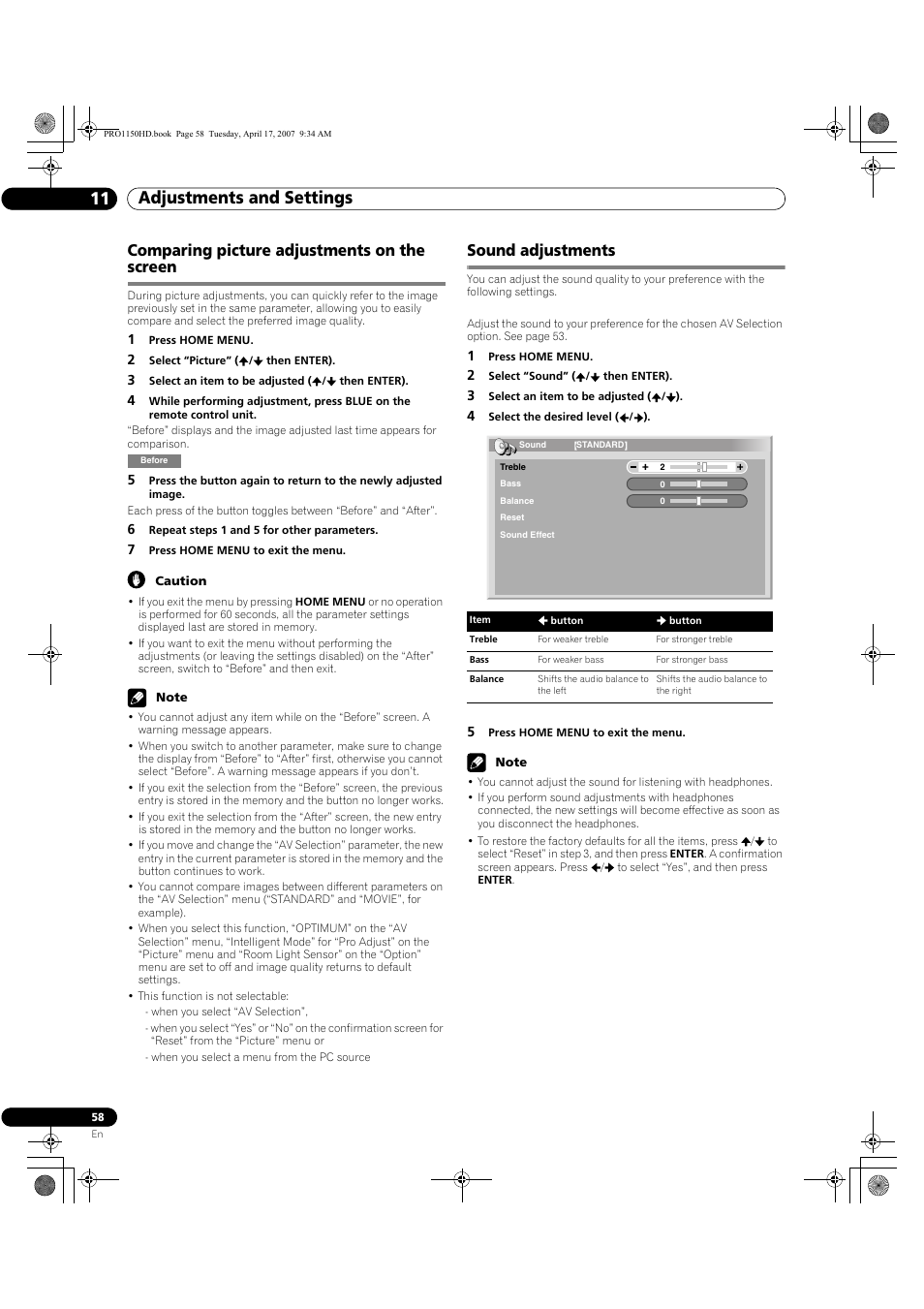 Adjustments and settings 11, Comparing picture adjustments on the screen, Sound adjustments | Pioneer PRO-950HD User Manual | Page 58 / 120