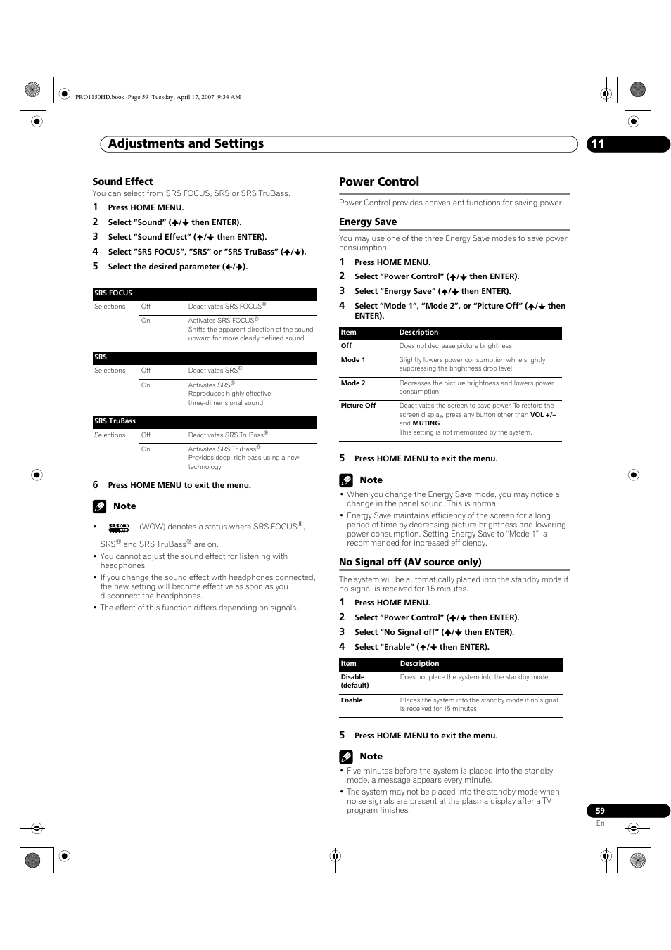 Power control, Energy save no signal off (av source only), Adjustments and settings 11 | Pioneer PRO-950HD User Manual | Page 59 / 120