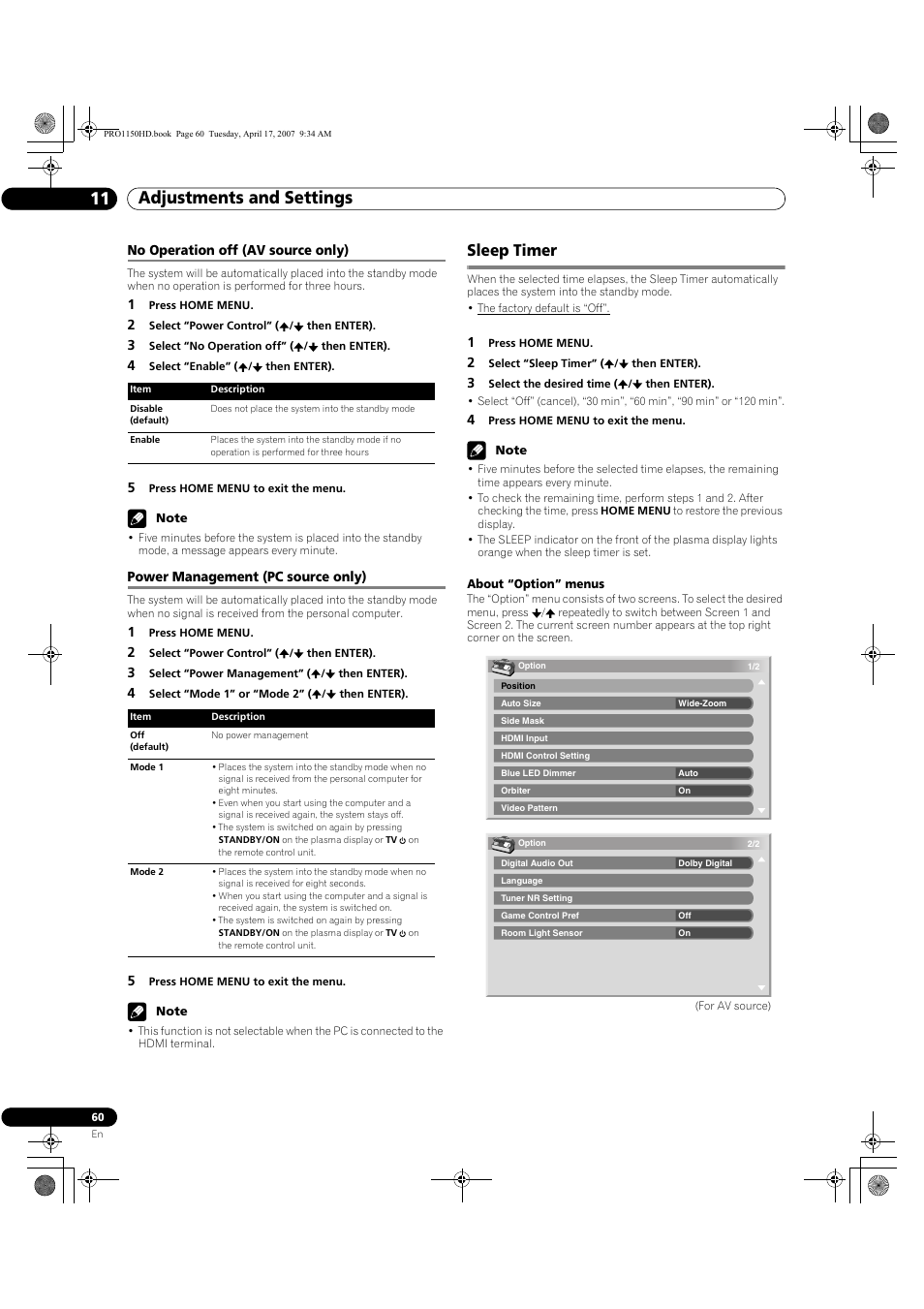 Sleep timer, Adjustments and settings 11 | Pioneer PRO-950HD User Manual | Page 60 / 120