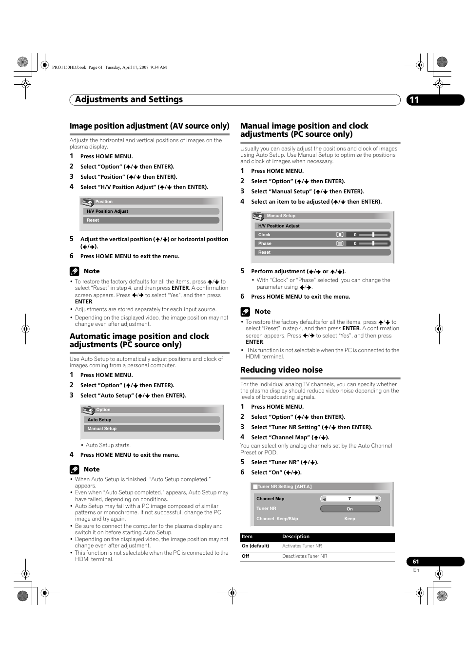Adjustments and settings 11, Image position adjustment (av source only), Reducing video noise | Pioneer PRO-950HD User Manual | Page 61 / 120