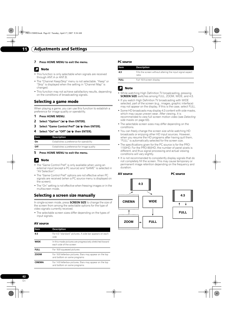 Adjustments and settings 11, Selecting a game mode, Selecting a screen size manually | Pioneer PRO-950HD User Manual | Page 62 / 120