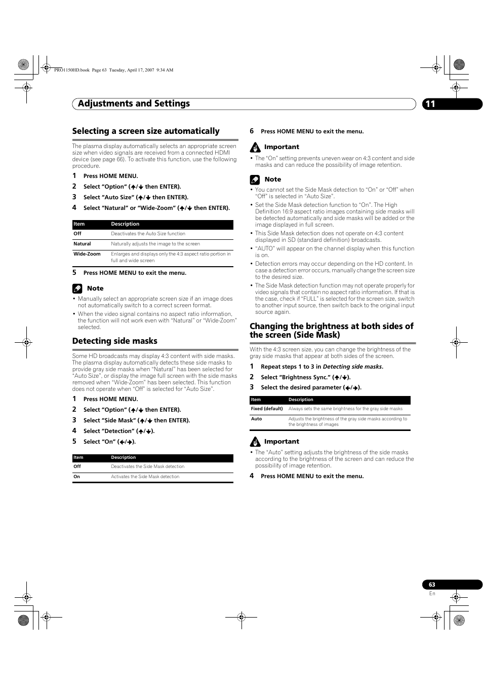 Adjustments and settings 11, Selecting a screen size automatically, Detecting side masks | Pioneer PRO-950HD User Manual | Page 63 / 120