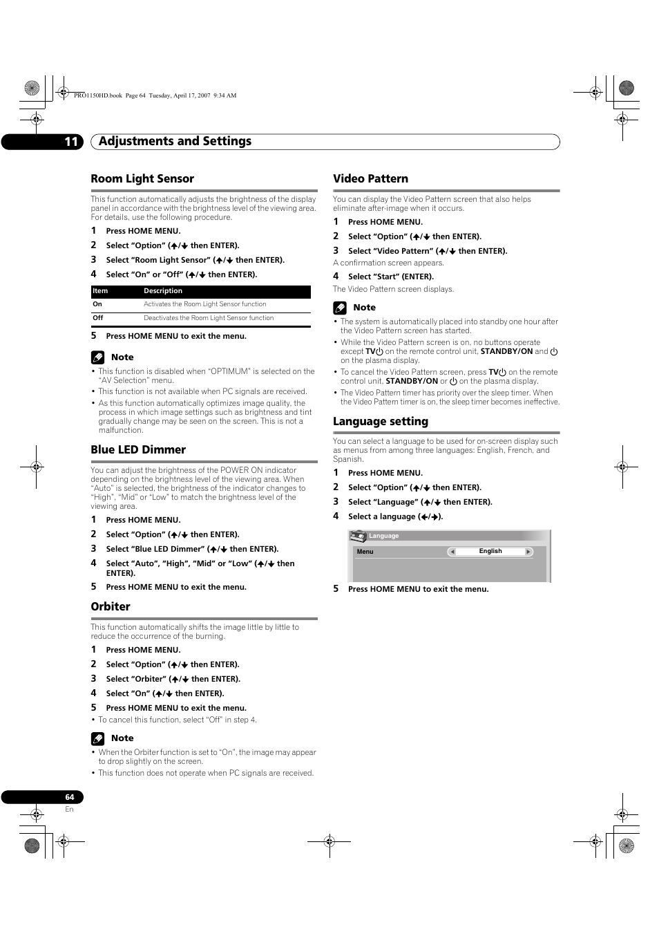 Orbiter on, Adjustments and settings 11, Room light sensor | Blue led dimmer, Orbiter, Video pattern, Language setting | Pioneer PRO-950HD User Manual | Page 64 / 120