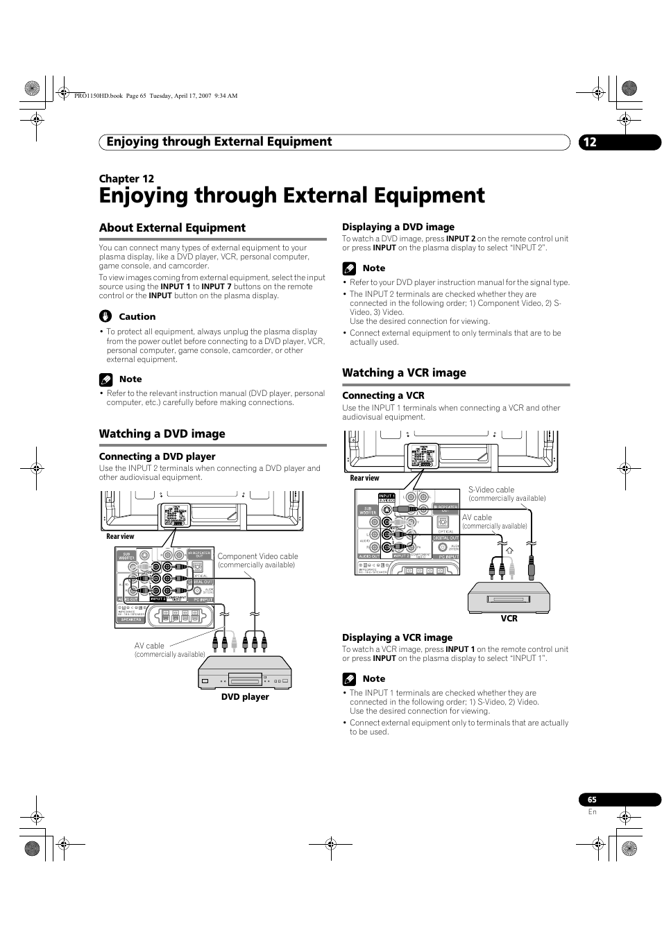 12 enjoying through external, Equipment, Enjoying through external equipment | Enjoying through external equipment 12, About external equipment, Watching a dvd image, Watching a vcr image | Pioneer PRO-950HD User Manual | Page 65 / 120