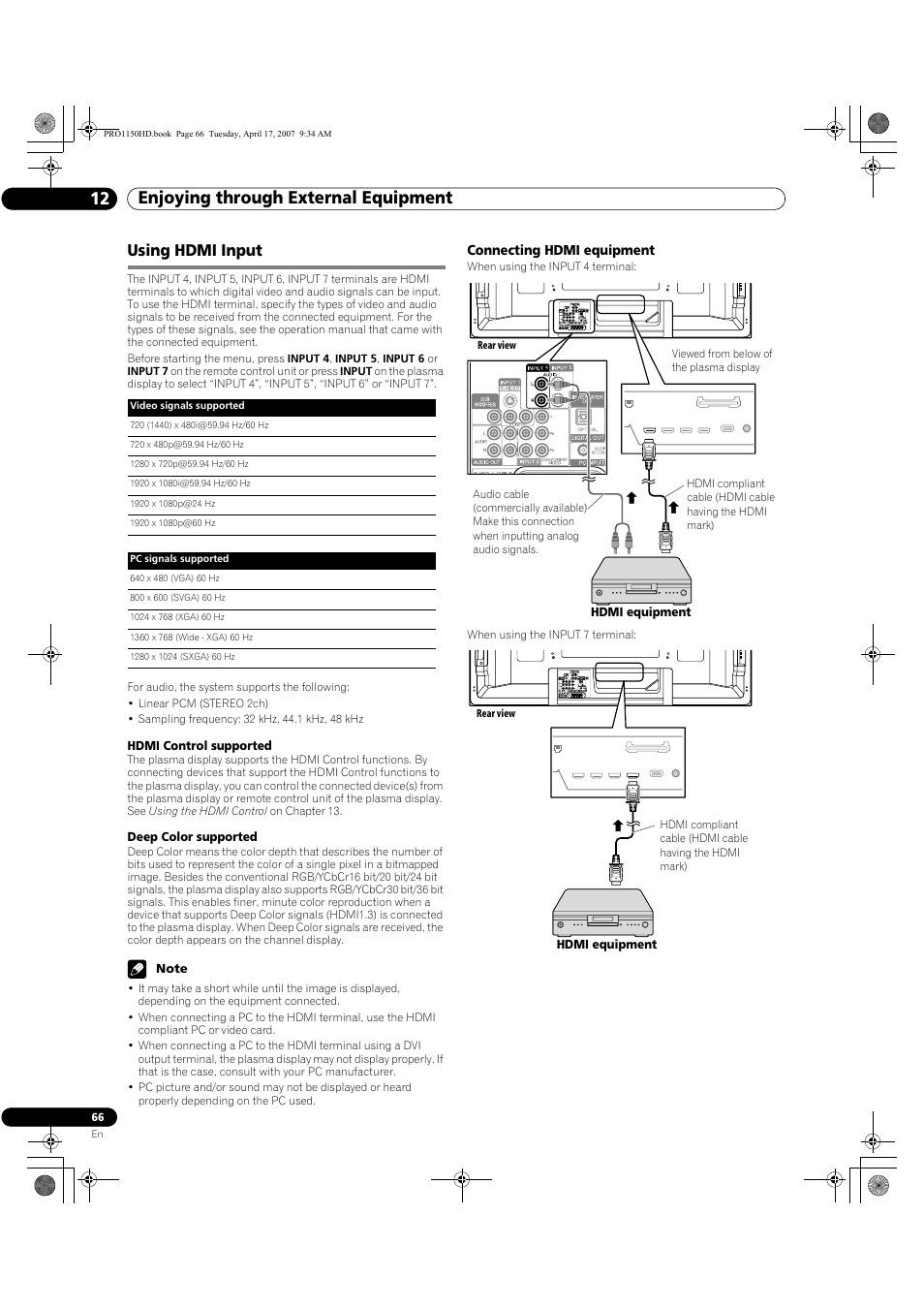 Using hdmi input, Enjoying through external equipment 12 | Pioneer PRO-950HD User Manual | Page 66 / 120