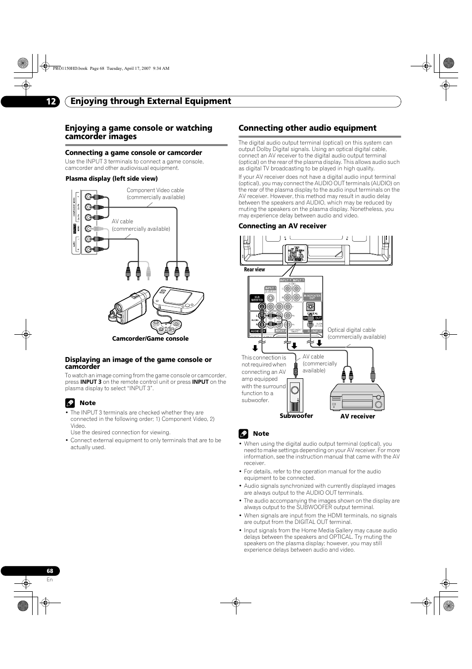 Enjoying through external equipment 12, Connecting other audio equipment | Pioneer PRO-950HD User Manual | Page 68 / 120