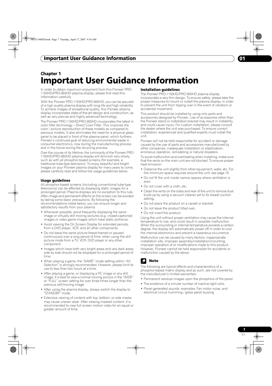 01 important user guidance, Information, Important user guidance information | Important user guidance information 01 | Pioneer PRO-950HD User Manual | Page 7 / 120