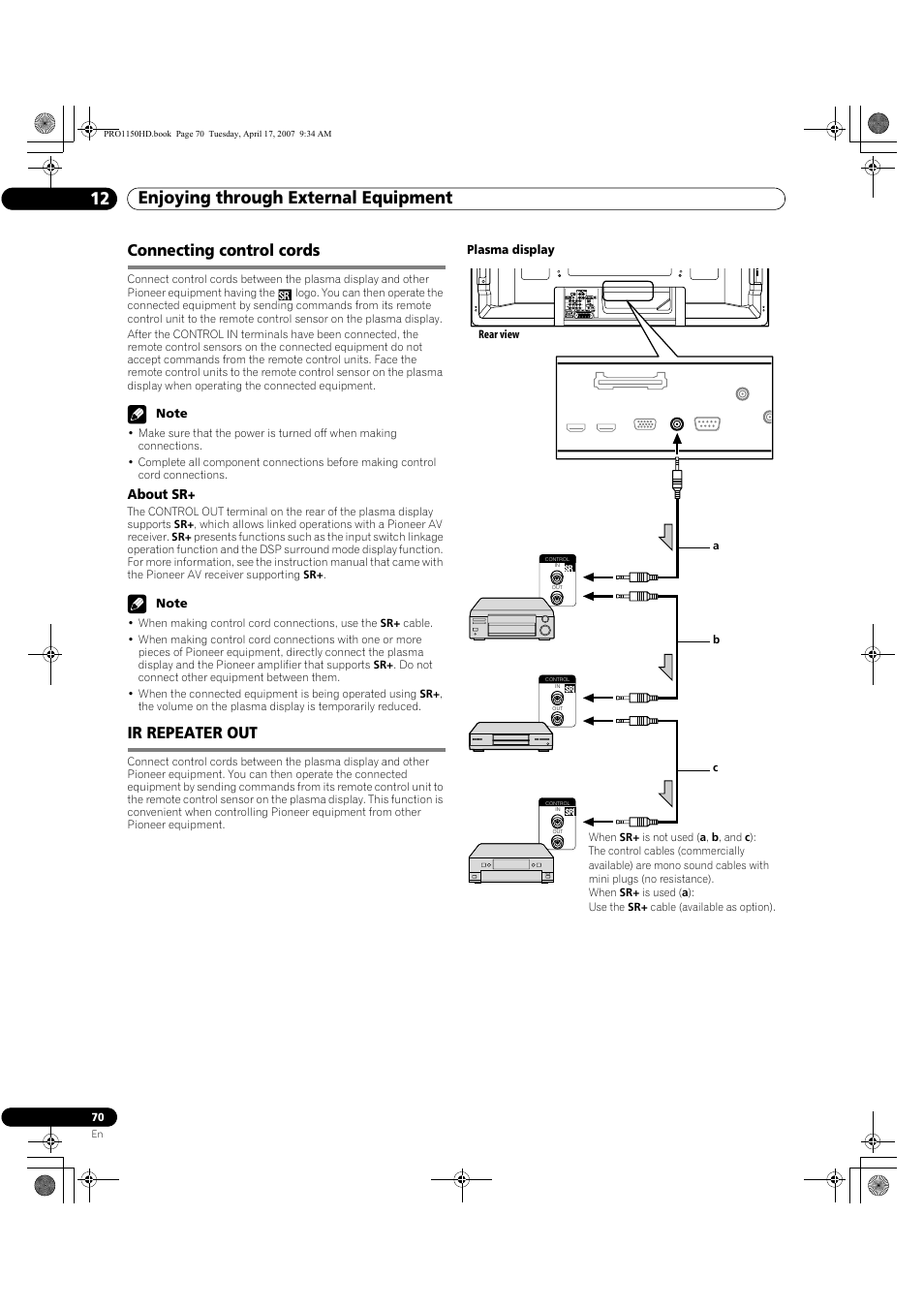 Connecting control cords ir repeater out, Enjoying through external equipment 12, Connecting control cords | Ir repeater out | Pioneer PRO-950HD User Manual | Page 70 / 120