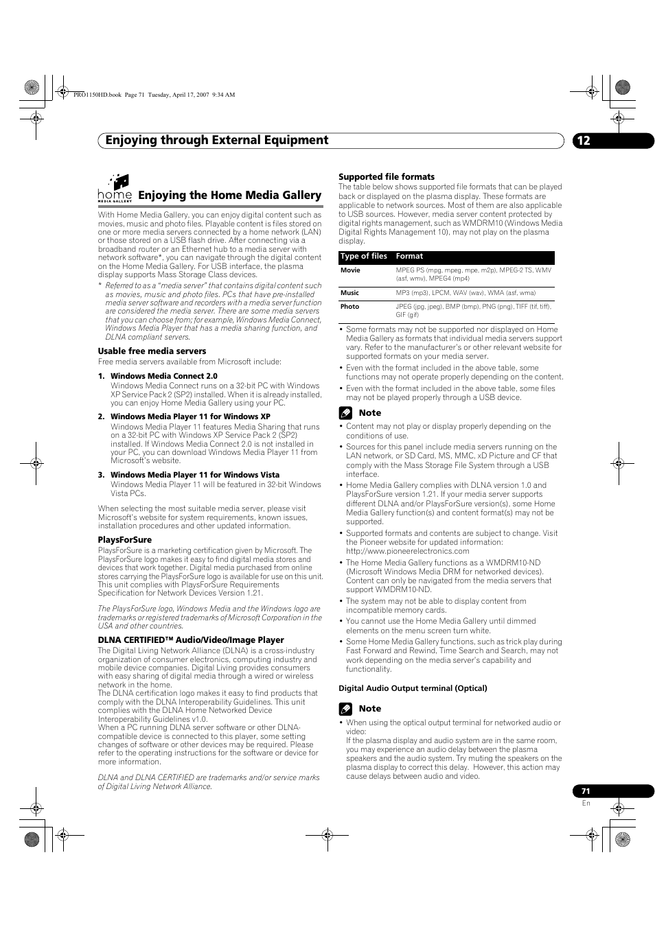 Enjoying the home media gallery, Enjoying through external equipment 12 | Pioneer PRO-950HD User Manual | Page 71 / 120