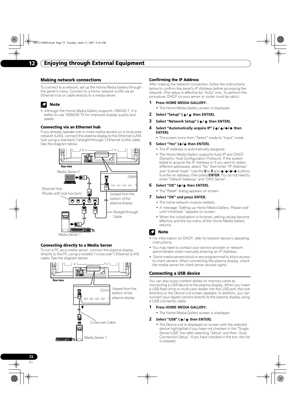 Making network connections connecting a usb device, Enjoying through external equipment 12 | Pioneer PRO-950HD User Manual | Page 72 / 120