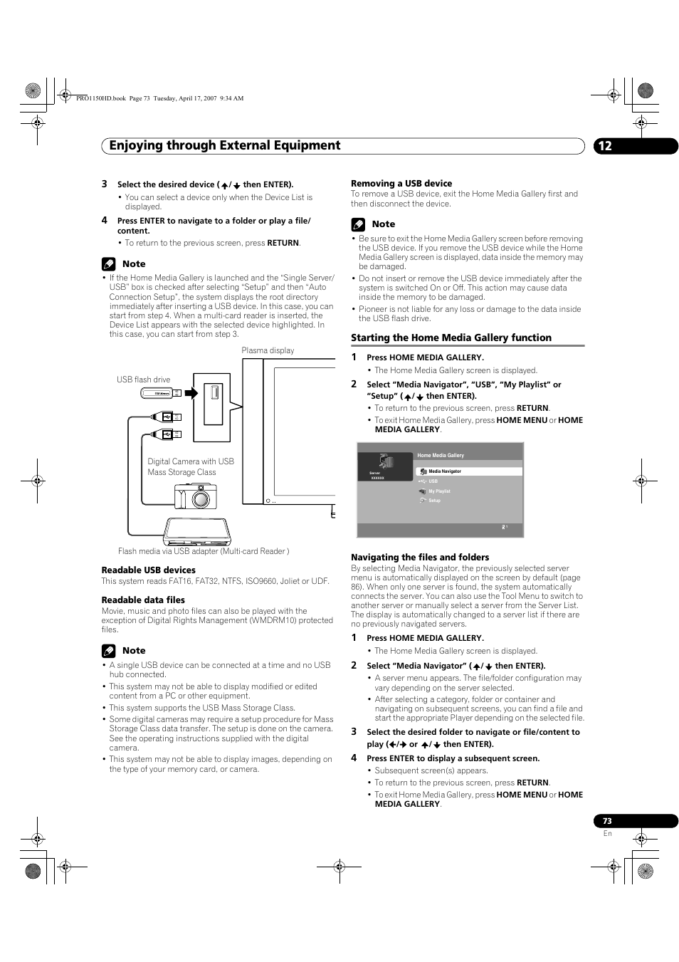 Starting the home media gallery function, Enjoying through external equipment 12 | Pioneer PRO-950HD User Manual | Page 73 / 120