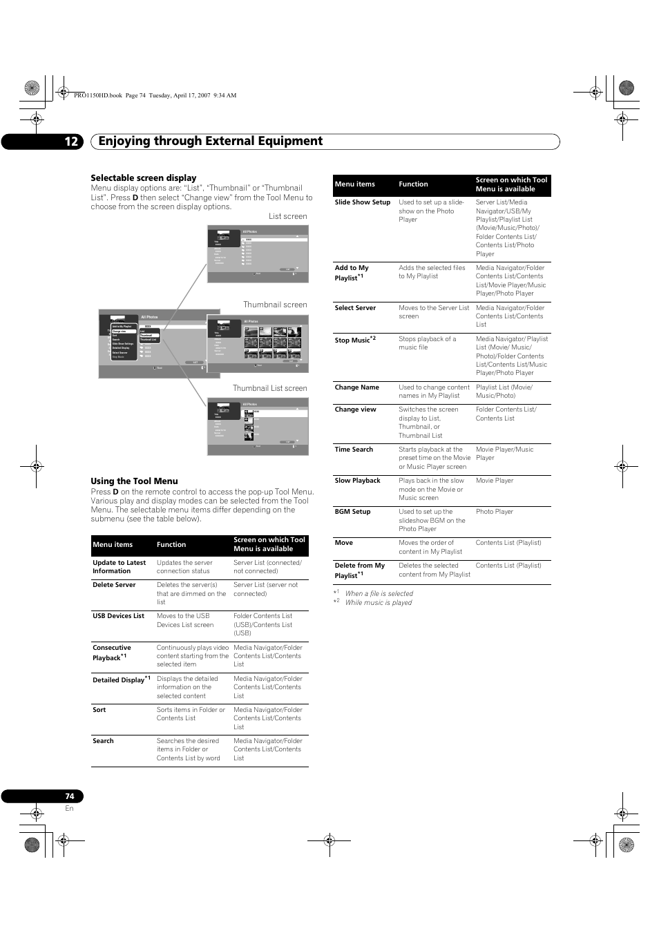 Enjoying through external equipment 12, Selectable screen display, Using the tool menu | List screen thumbnail screen thumbnail list screen, When a file is selected | Pioneer PRO-950HD User Manual | Page 74 / 120