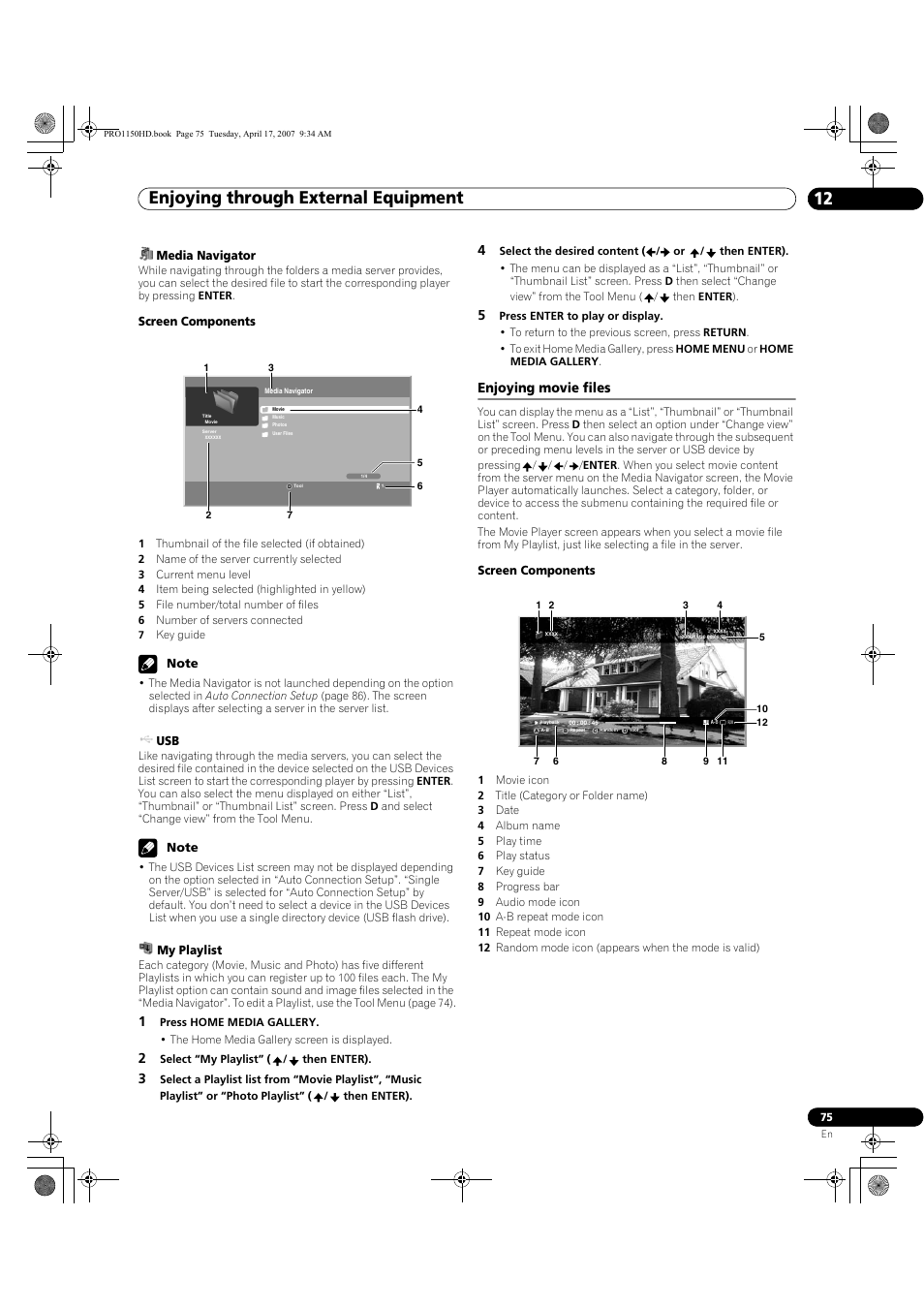 Enjoying movie files, Enjoying through external equipment 12 | Pioneer PRO-950HD User Manual | Page 75 / 120