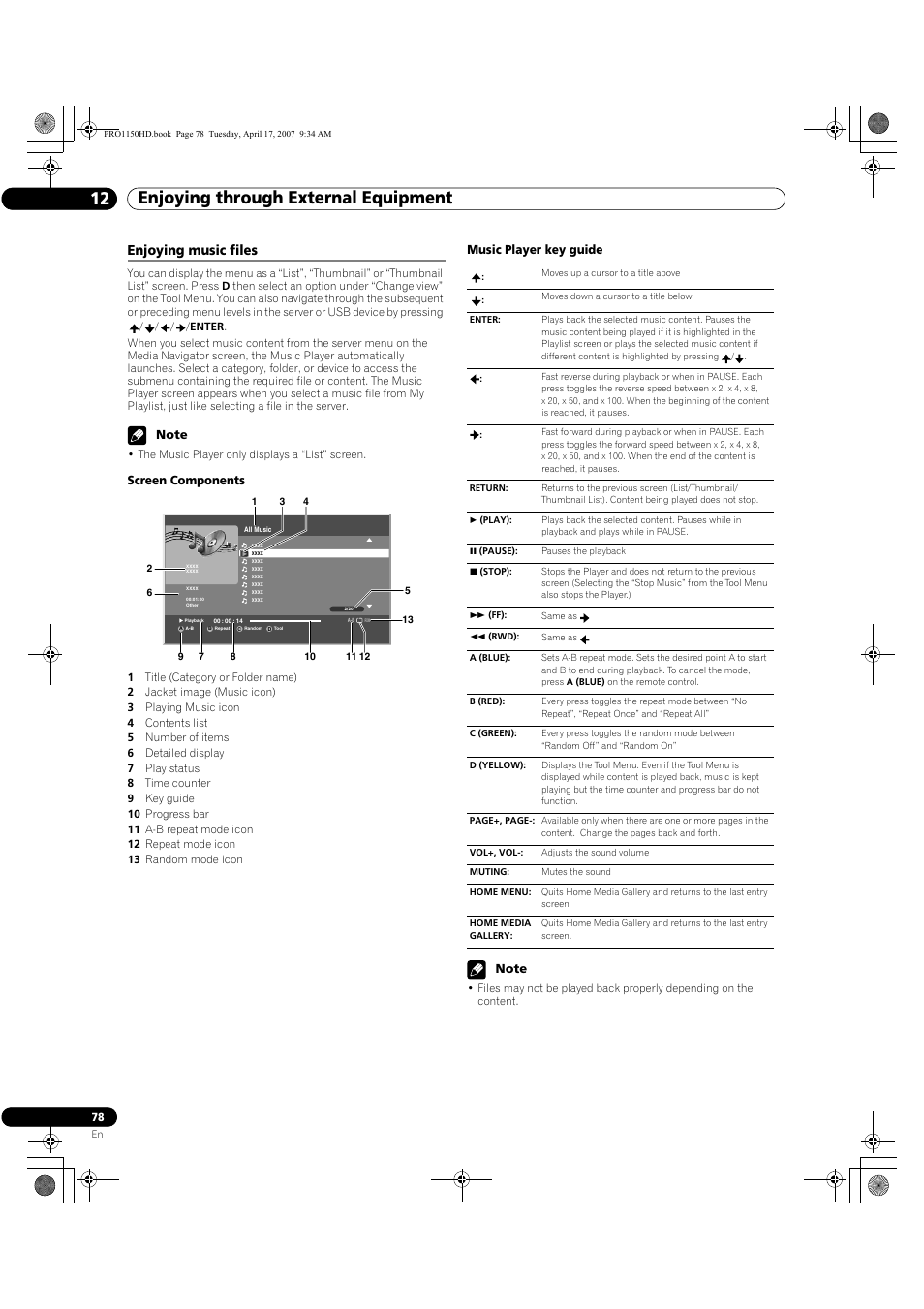 Enjoying music files, Enjoying through external equipment 12, Screen components | Pioneer PRO-950HD User Manual | Page 78 / 120