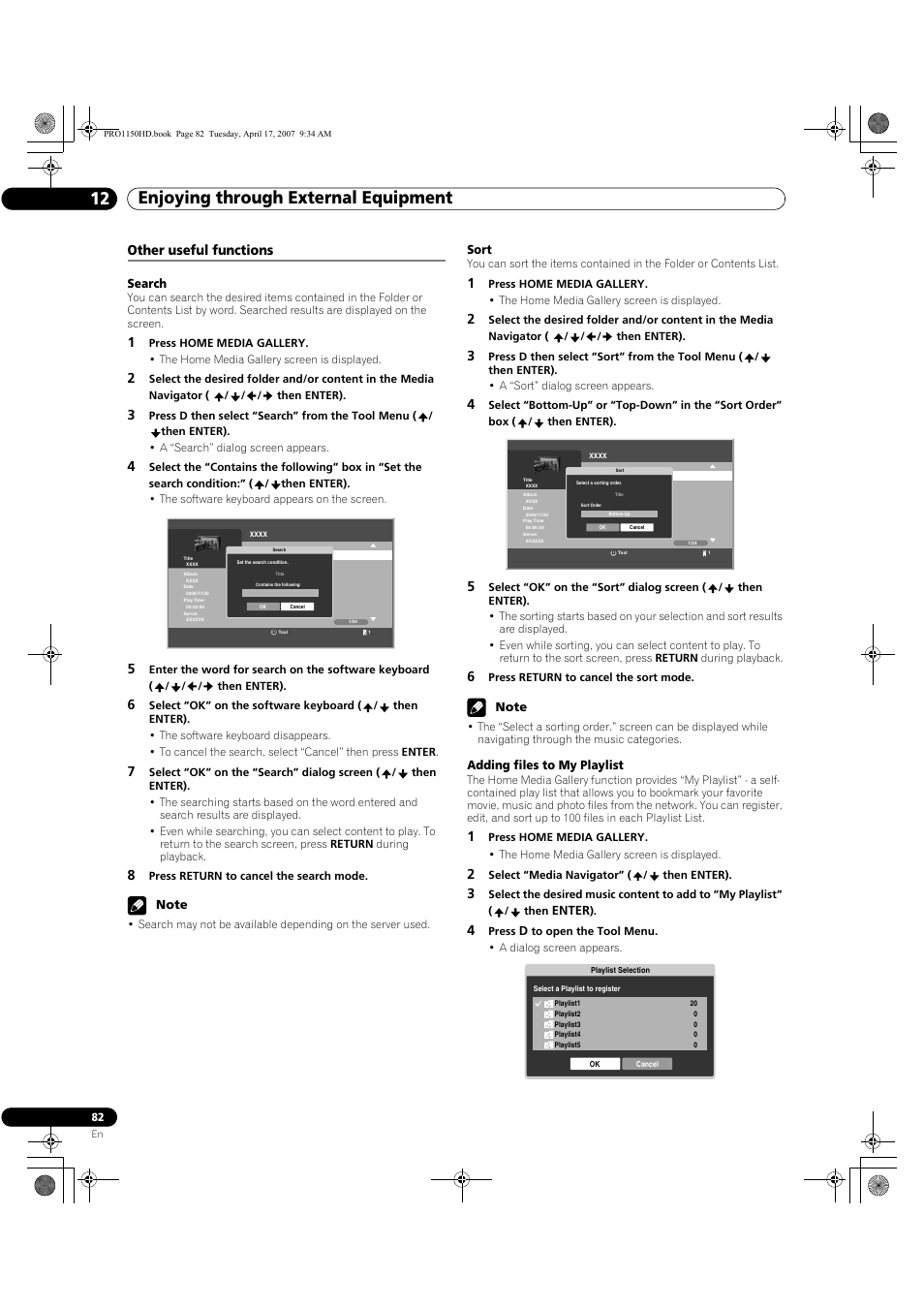 Other useful functions, Enjoying through external equipment 12, Search | Sort, Adding files to my playlist, Enter | Pioneer PRO-950HD User Manual | Page 82 / 120