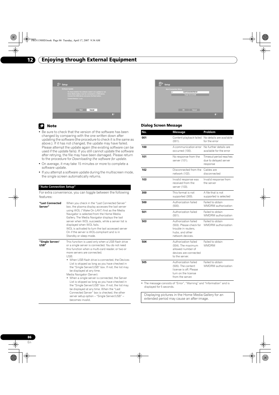 Enjoying through external equipment 12, Dialog screen message | Pioneer PRO-950HD User Manual | Page 86 / 120