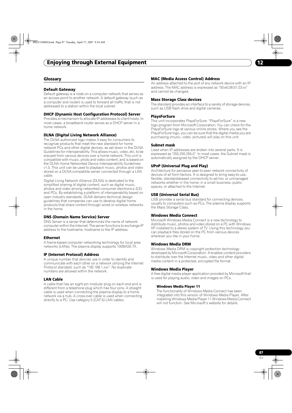Glossary, Enjoying through external equipment 12 | Pioneer PRO-950HD User Manual | Page 87 / 120