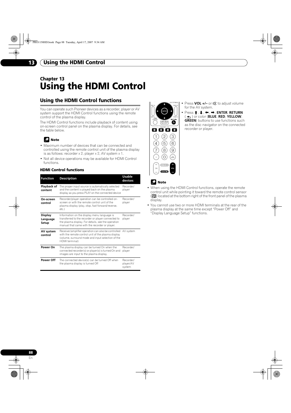 13 using the hdmi control, Using the hdmi control functions, Using the hdmi control | Using the hdmi control 13, Chapter 13 | Pioneer PRO-950HD User Manual | Page 88 / 120