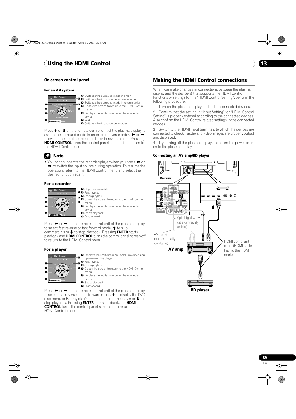 Making the hdmi control connections, Using the hdmi control 13, On-screen control panel | Bd player av amp | Pioneer PRO-950HD User Manual | Page 89 / 120