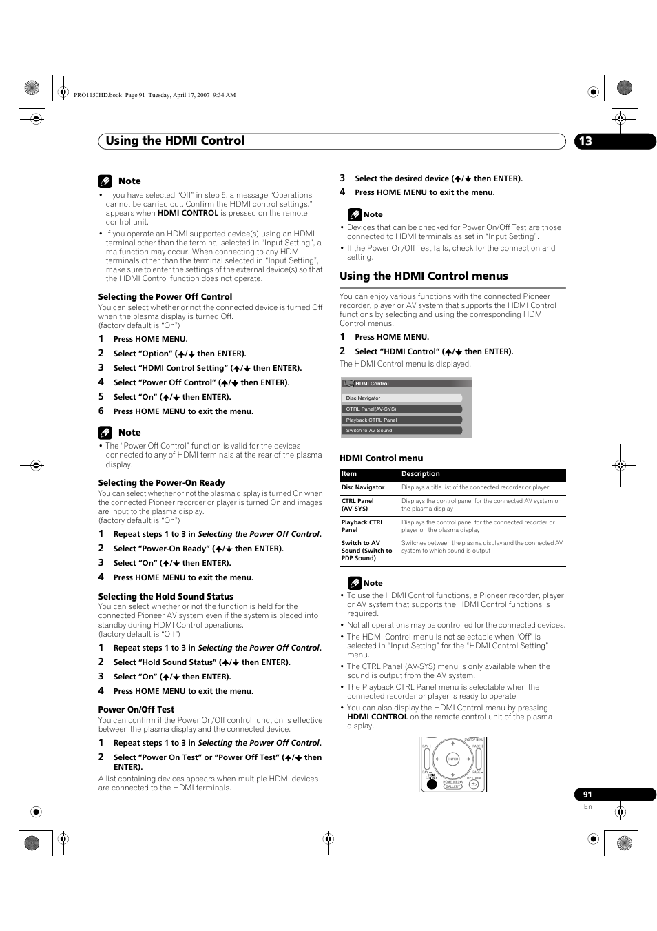 Using the hdmi control menus, Using the hdmi control 13 | Pioneer PRO-950HD User Manual | Page 91 / 120