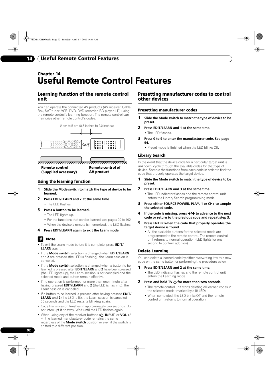 14 useful remote control features, Learning function of the remote control unit, Using the learning function | Useful remote control features, Useful remote control features 14 | Pioneer PRO-950HD User Manual | Page 92 / 120