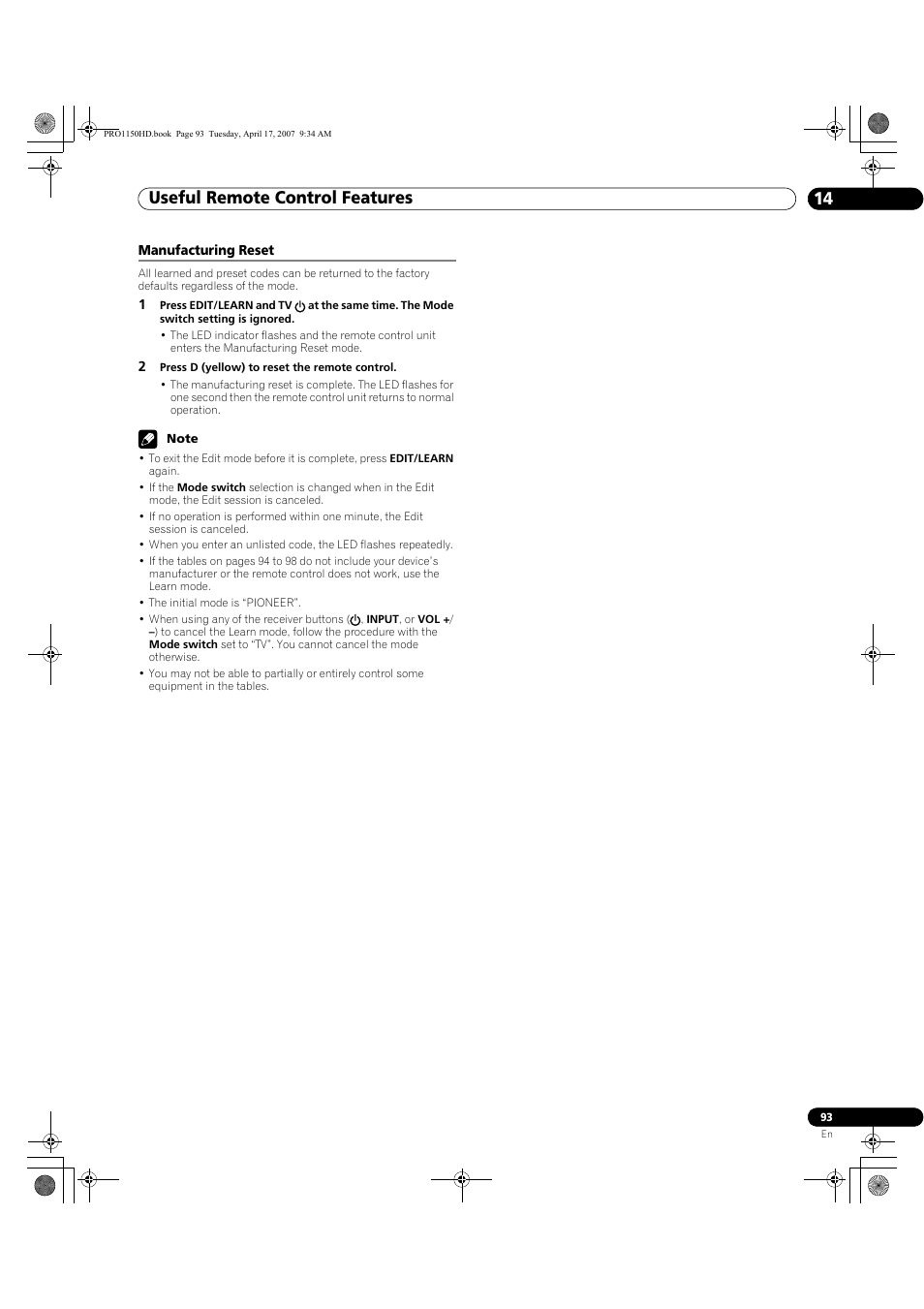 Manufacturing reset, Useful remote control features 14 | Pioneer PRO-950HD User Manual | Page 93 / 120