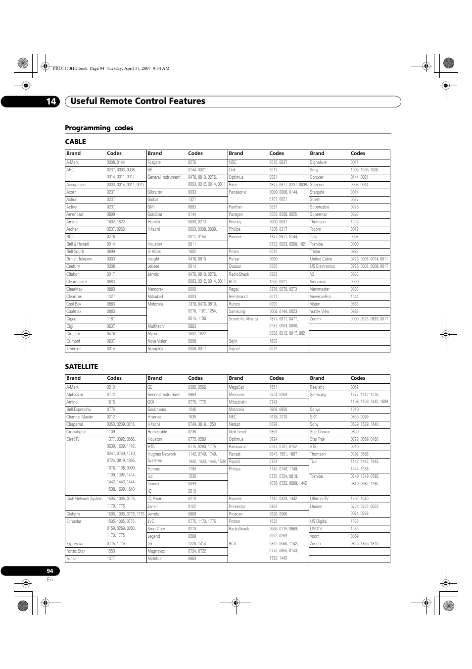 Programming codes, Useful remote control features 14, Programming codes cable satellite | Pioneer PRO-950HD User Manual | Page 94 / 120