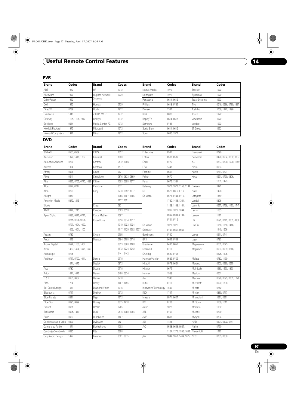 Useful remote control features 14, Pvr dvd | Pioneer PRO-950HD User Manual | Page 97 / 120