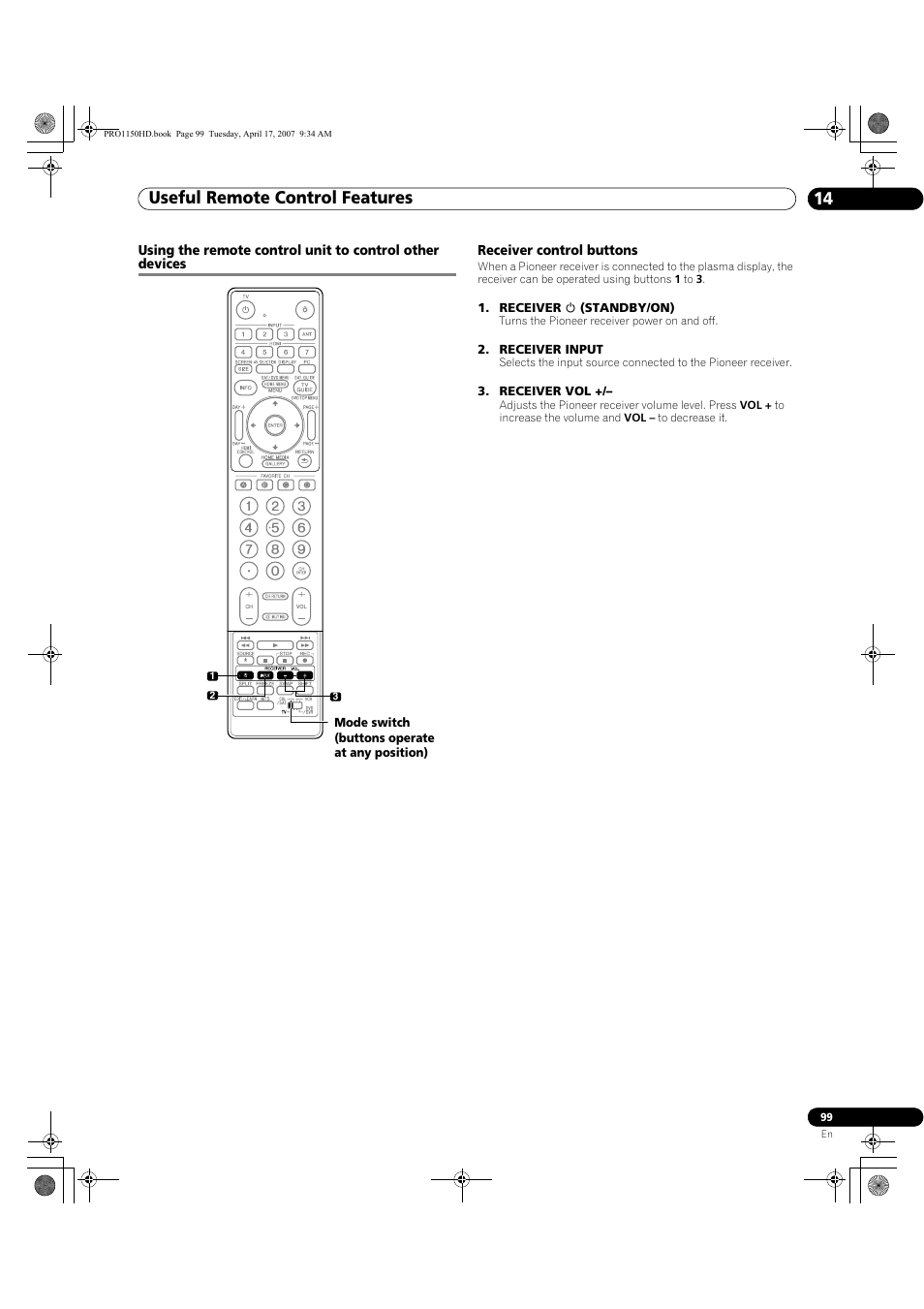 Other equipment, see, Using the remote control unit to, Useful remote control features 14 | Pioneer PRO-950HD User Manual | Page 99 / 120