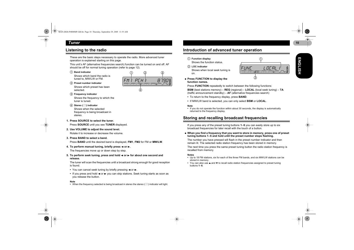 Tuner | Pioneer DEH-P4800MP User Manual | Page 10 / 36