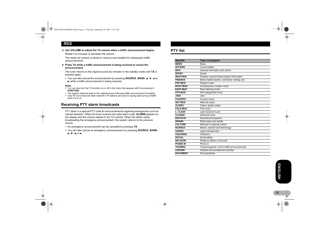 En g l is h, Receiving pty alarm broadcasts, Pty list | Pioneer DEH-P4800MP User Manual | Page 13 / 36