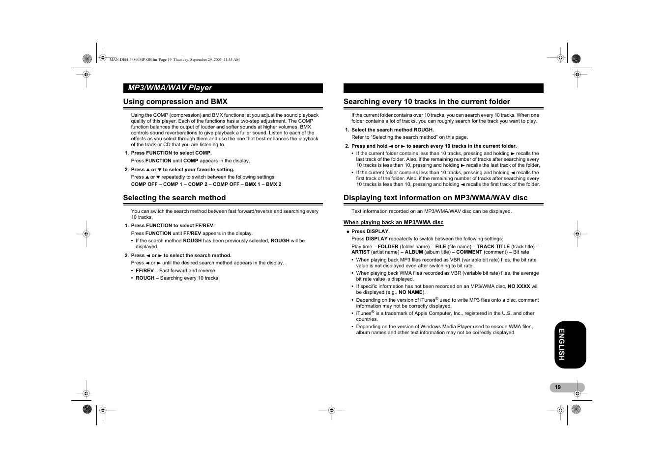 Mp3/wma/wav player | Pioneer DEH-P4800MP User Manual | Page 19 / 36