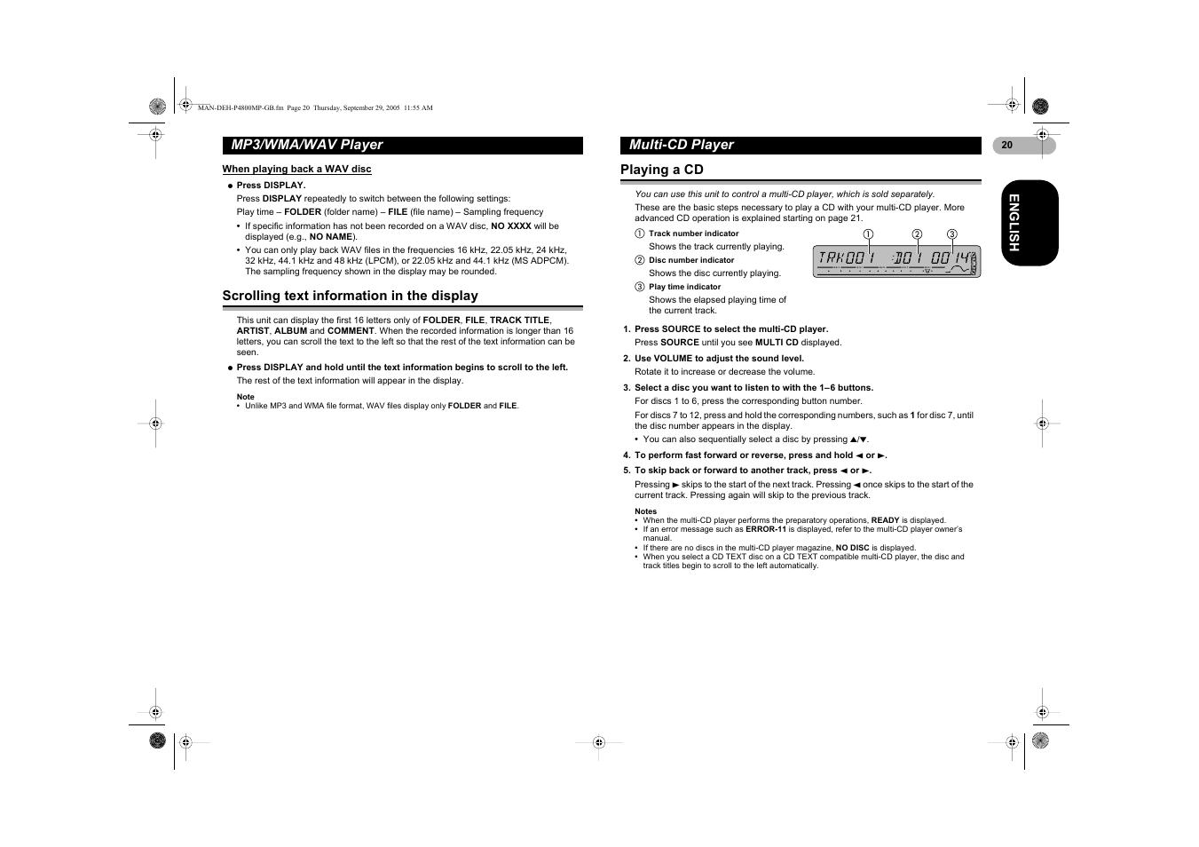 Mp3/wma/wav player, Multi-cd player | Pioneer DEH-P4800MP User Manual | Page 20 / 36