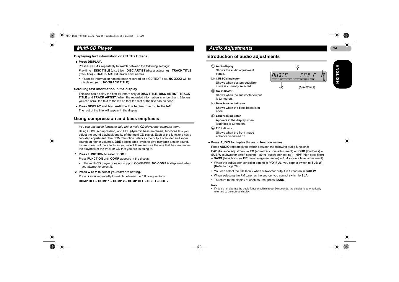 Multi-cd player, Audio adjustments | Pioneer DEH-P4800MP User Manual | Page 24 / 36