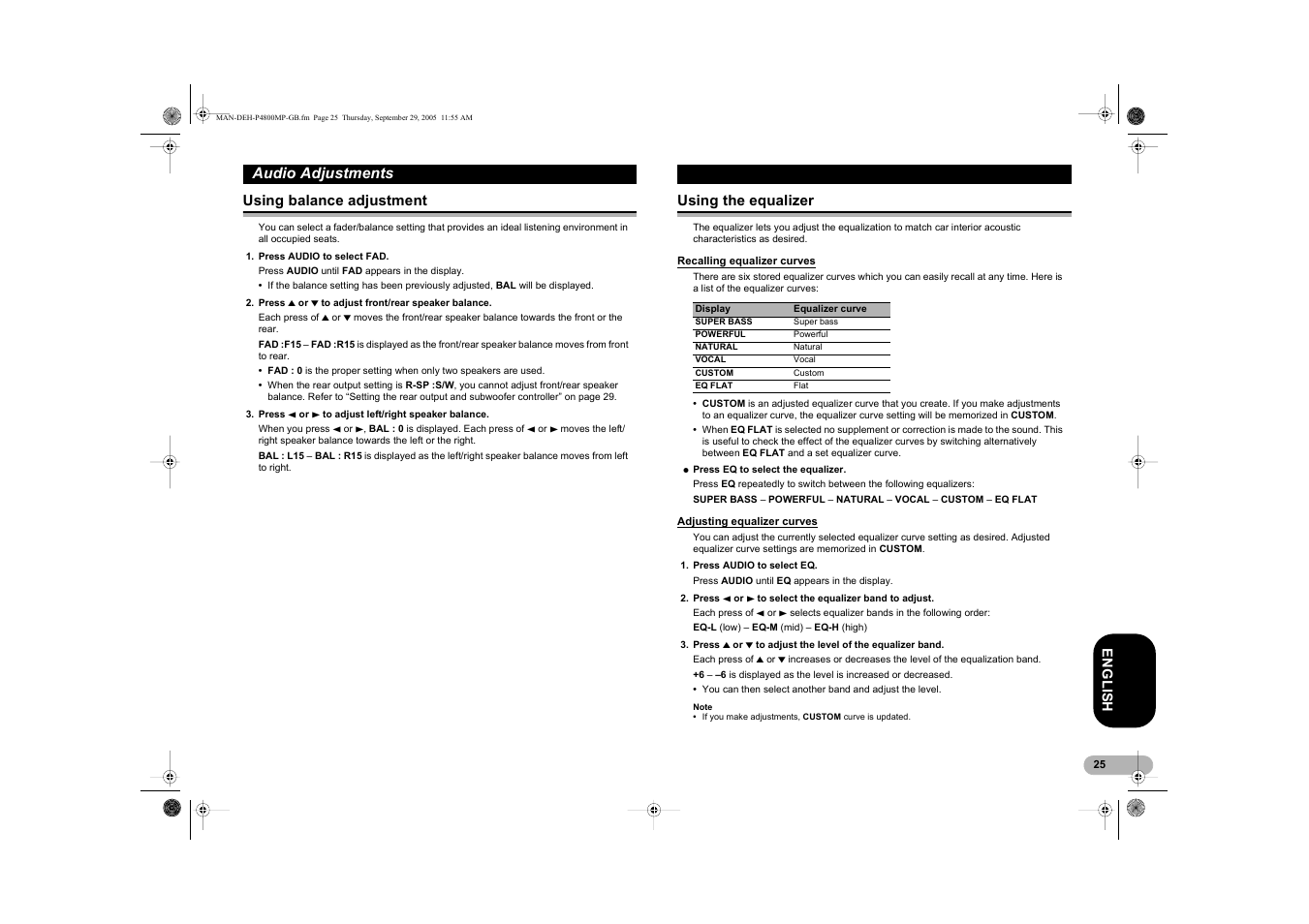Audio adjustments | Pioneer DEH-P4800MP User Manual | Page 25 / 36