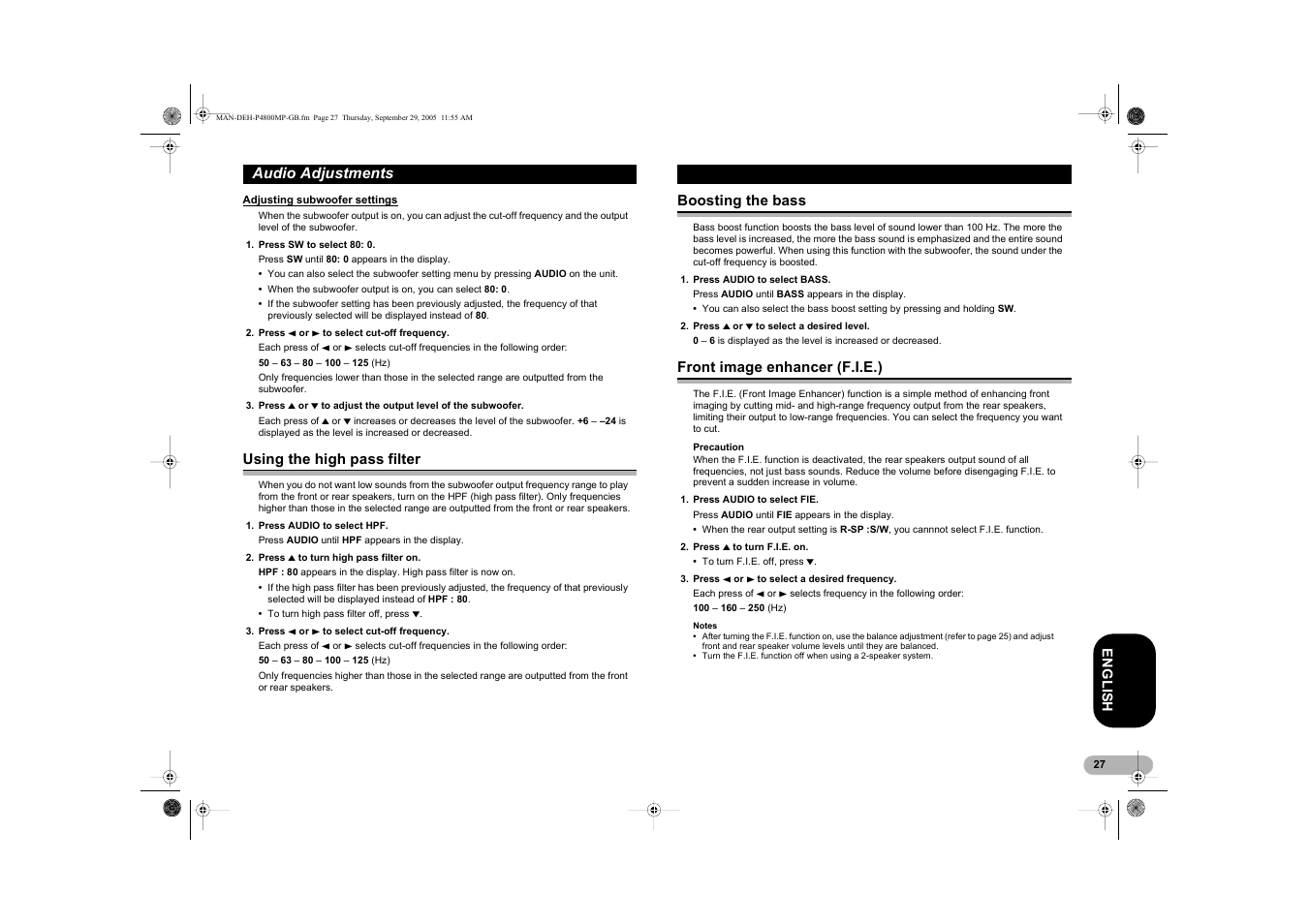 Audio adjustments | Pioneer DEH-P4800MP User Manual | Page 27 / 36