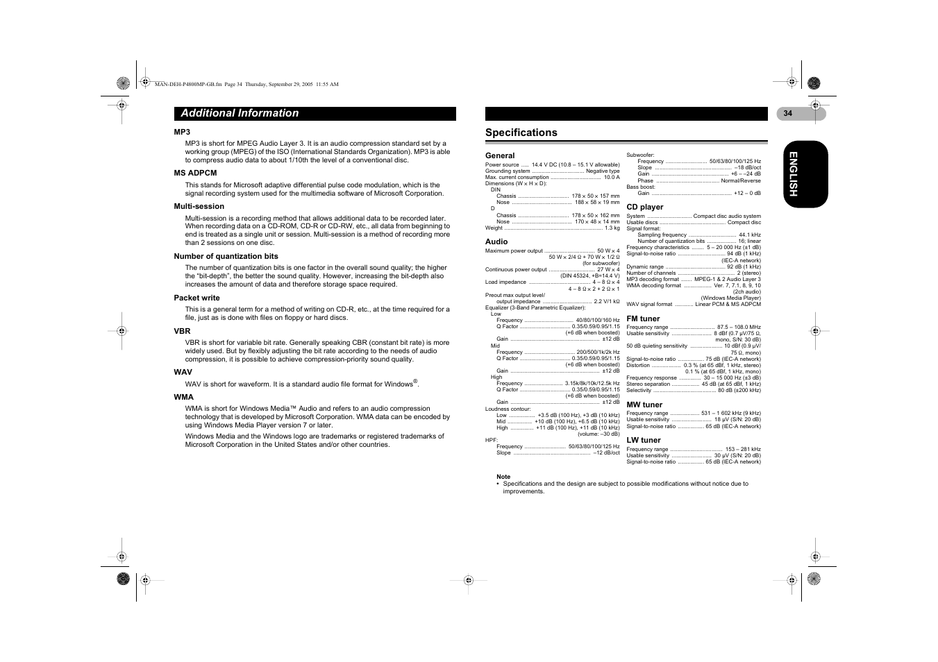 Additional information, En g l is h, Specifications | Pioneer DEH-P4800MP User Manual | Page 34 / 36