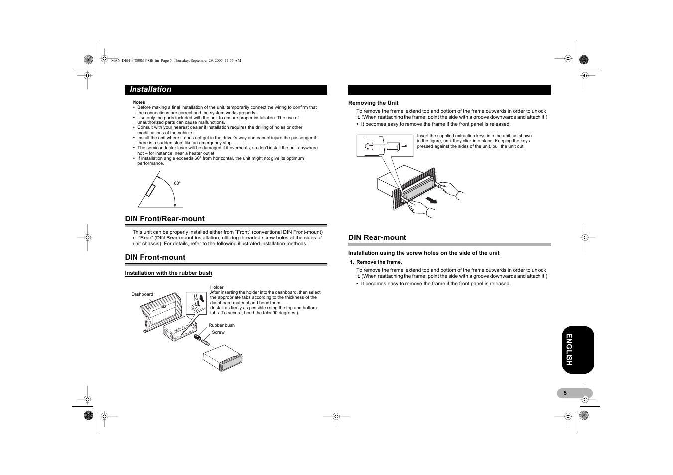 Installation | Pioneer DEH-P4800MP User Manual | Page 5 / 36