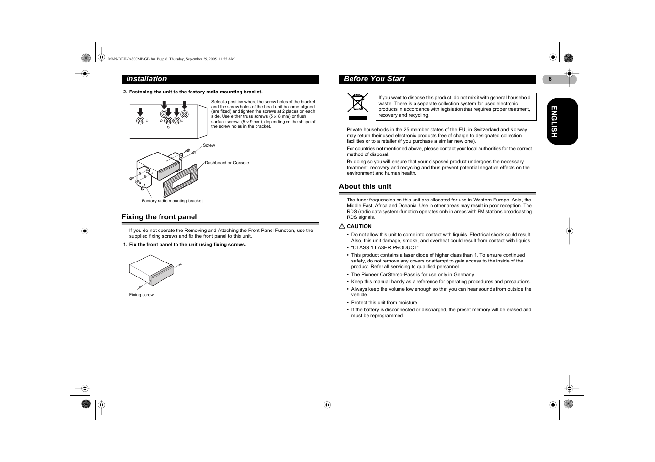 Installation, Before you start | Pioneer DEH-P4800MP User Manual | Page 6 / 36